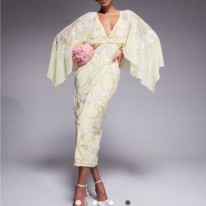 ASOS Pale Yellow Embellished V-Neck Midi Dress